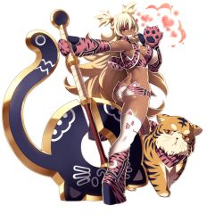 Rule 34 | 1girl, amanda (sennen sensou aigis), animal hands, animal print, ass, awakening (sennen sensou aigis), blonde hair, boots, breasts, butt crack, cat ear panties, cat lingerie, cleavage, dark skin, full body, gloves, grin, large breasts, long hair, meme attire, official art, one eye closed, oversized object, panties, paw gloves, red eyes, sennen sensou aigis, simple background, smile, tasaka shinnosuke, thigh boots, thighhighs, tiger, tiger print, two side up, underwear, very long hair, weapon, white background, white thighhighs