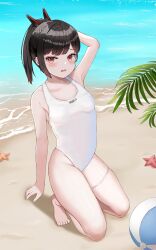 Rule 34 | 1girl, arm behind head, ball, bare shoulders, beach, beachball, black hair, blush, breasts, brown hair, collarbone, covered navel, goddess of victory: nikke, gradient hair, kneeling, multicolored hair, ocean, one-piece swimsuit, red eyes, sand, short ponytail, skindentation, small breasts, solo, starfish, swimsuit, thigh strap, water, wavy mouth, white one-piece swimsuit, yomining, zwei (nikke)