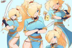Rule 34 | 1girl, aqua background, arms under breasts, axe, blonde hair, cosplay, cowboy shot, crossed arms, dress, fire emblem, fire emblem: the blazing blade, hair over one eye, highres, holding, holding axe, holding sword, holding weapon, long hair, luma (mario), lyn (fire emblem), lyn (fire emblem) (cosplay), mario (series), multiple views, nintendo, ponytail, rosalina, simple background, starlett, sword, weapon