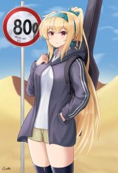 Rule 34 | 1girl, alternate costume, artist name, backpack, bag, black thighhighs, blonde hair, blue sky, bow, breasts, brown shorts, closed mouth, commentary, desert, english commentary, feet out of frame, gamryous, girls&#039; frontline, green bow, green hairband, grey hoodie, hair bow, hairband, hand in pocket, hand on own chest, highres, hood, hooded jacket, hoodie, jacket, long hair, looking at viewer, ponytail, red eyes, road sign, sand, shirt, shorts, sign, simple background, sky, solo, standing, sv-98 (girls&#039; frontline), sv-98 (mod3) (girls&#039; frontline), thighhighs, weapon case, white shirt