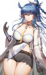 Rule 34 | 1girl, absurdres, arknights, belt, black shorts, blue eyes, blue hair, brown belt, coat, commentary, cowboy shot, detached collar, eyeshadow, grin, hand up, highres, horns, ling (arknights), long hair, looking at viewer, makeup, necktie, onedr, open clothes, open coat, pointy ears, shirt, short shorts, shorts, simple background, smile, solo, standing, strapless, strapless shirt, thighs, very long hair, white background, white coat, white shirt, yellow necktie