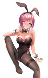 Rule 34 | 1girl, absurdres, animal ears, black background, black bow, black bowtie, black leotard, black pantyhose, bow, bowtie, breasts, cleavage, cowboy shot, detached collar, dongcilagedaci, fake animal ears, fate/grand order, fate (series), highres, invisible chair, leotard, mash kyrielight, medium breasts, pantyhose, pink hair, playboy bunny, purple eyes, rabbit ears, short hair, simple background, sitting, solo, strapless, strapless leotard, thighband pantyhose, white background, wrist cuffs
