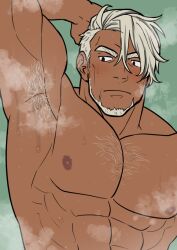 Rule 34 | 1boy, abs, armpit focus, armpit hair, armpits, bara, beard, check copyright, cheekbones, copyright request, dark-skinned male, dark skin, facial hair, large pectorals, male focus, masa (mshk s), mature male, muscular, muscular male, nipples, nude, old, old man, original, pectorals, presenting armpit, short hair, sideburns, solo, sparse chest hair, steaming body, sweat, swept bangs, thick eyebrows, upper body, very sweaty, white hair, wrinkled skin