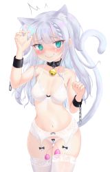 Rule 34 | 1girl, @ @, ^^^, absurdres, aceblitz, animal ear fluff, animal ears, arm up, bare shoulders, bdsm, bell, blue eyes, blunt bangs, blush, bondage cuffs, bow, bow bra, bow panties, bra, braid, cameltoe, cat ears, cat girl, cat tail, chain, claw pose, closed mouth, collar, collarbone, controller, cowboy shot, cuffs, female focus, garter belt, grey hair, hand up, happy, highres, jingle bell, lace, lace bra, lace panties, lingerie, long hair, looking at viewer, navel, neck bell, nose blush, original, panties, paw pose, remote control, remote control vibrator, sex toy, shackles, sidelocks, simple background, single braid, skindentation, slave, smile, solo, standing, stomach, tail, tail raised, thighhighs, underwear, underwear only, vibrator, vibrator cord, vibrator in thighhighs, vibrator under clothes, vibrator under panties, wavy mouth, white background, white bra, white panties, white thighhighs