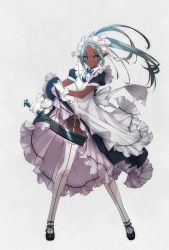 Rule 34 | 1girl, apron, black footwear, blue eyes, blue hair, blue neckwear, blue ribbon, brooch, closed mouth, dark-skinned female, dark skin, dress, forehead, frilled apron, frilled thighhighs, frills, full body, garter straps, gloves, grey background, highres, holding, holding sword, holding weapon, jewelry, lips, long hair, looking at viewer, maid, maid headdress, murakami suigun, original, pointy ears, ribbon, short sleeves, simple background, solo, standing, sword, thighhighs, weapon, white apron, white gloves, white thighhighs