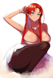 Rule 34 | 1girl, aqua eyes, bare shoulders, blush, boudica (fate), boudica (formal dress) (fate), bracelet, breasts, brown pantyhose, cleavage, collarbone, dress, fate/grand order, fate (series), heroic spirit formal dress, highres, jewelry, knee up, large breasts, long hair, looking at viewer, necklace, pantyhose, pearl bracelet, pearl necklace, red hair, solo, thighs, white dress, zumizu
