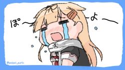 Rule 34 | 1girl, = =, black ribbon, blonde hair, blush, chibi, closed eyes, commentary request, crying, hair flaps, hair ornament, hair ribbon, hairclip, kantai collection, long hair, open mouth, poipoi purin, red neckwear, ribbon, sailor collar, scarf, school uniform, simple background, solo, streaming tears, tears, twitter username, yuudachi (kancolle), yuudachi kai ni (kancolle)