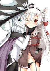 Rule 34 | 10s, 2girls, abyssal ship, aikawa ryou, amatsukaze (kancolle), bdsm, black panties, blush, bondage, bound, breasts, colored skin, dress, garter straps, green eyes, hair between eyes, hair tubes, hat, highres, kantai collection, licking, licking another&#039;s cheek, licking another&#039;s face, light frown, long hair, looking at viewer, medium breasts, multiple girls, navel, pale skin, panties, sailor dress, shibari, shibari over clothes, silver hair, simple background, small breasts, tongue, tongue out, two side up, underwear, white background, white skin, wo-class aircraft carrier