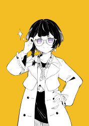 Rule 34 | 1girl, absurdres, anya melfissa, braid, glasses, hand on own hip, highres, himwi, hololive, hololive indonesia, limited palette, long coat, purple eyes, single braid, skirt, smile, twitter username, virtual youtuber, yellow background