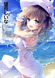 Rule 34 | 1girl, :d, absurdres, arm up, artist name, bare shoulders, beach, blue bow, blue eyes, blue sky, blush, bow, breasts, brown hair, cloud, cloudy sky, day, dress, fingernails, hair between eyes, hair bow, hand up, hat, highres, horizon, long hair, looking at viewer, looking to the side, medium breasts, mochizuki shiina, ocean, one side up, open mouth, original, outdoors, pixiv id, scan, shore, sky, sleeveless, sleeveless dress, smile, solo, sun hat, sundress, twitter username, water, white dress, white hat, wrist cuffs