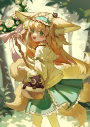 Rule 34 | :d, absurdres, animal, animal ear fluff, animal ears, animal on head, arknights, basket, black cat, blonde hair, blue hairband, blush, bow, cat, cat on head, day, dress, forest, fox ears, fox girl, fox tail, frilled hairband, frills, from side, green dress, green eyes, hair down, hairband, highres, holding, holding basket, holding staff, in basket, kitsune, long hair, long sleeves, looking at viewer, luo xiaohei, multiple tails, nature, official alternate costume, on head, open mouth, outdoors, pink bow, shijiediyikeaide gg, smile, staff, suzuran (arknights), suzuran (spring praise) (arknights), sweater, tail, luo xiaohei zhanji, triangle mouth, walking, white sweater