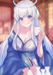 Rule 34 | 1girl, blue archive, blue kimono, blurry, blurry background, blush, breasts, cleavage, collarbone, halo, indoors, japanese clothes, karappo (poket12), kimono, large breasts, long hair, looking at viewer, noa (blue archive), open clothes, open kimono, sidelocks, solo, tongue, tongue out, white hair, wide sleeves