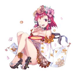 Rule 34 | 1girl, alcohol, anklet, breasts, choker, cleavage, cup, detached sleeves, dipping, floral print, flower, full body, hair flower, hair ornament, headdress, holding, jewelry, konohana sakuya (uchi no hime-sama), large breasts, long hair, looking at viewer, official art, one eye closed, open mouth, pink hair, platform footwear, sakazuki, sake, sandals, smile, solo, transparent background, uchi no hime-sama ga ichiban kawaii