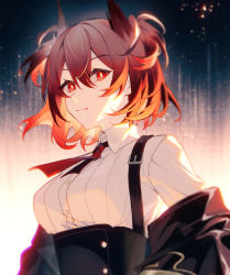 Rule 34 | 1girl, arknights, backlighting, black jacket, black skirt, breasts, bright pupils, buckle, closed mouth, collared shirt, feather hair, fiammetta (arknights), gradient background, hair between eyes, high-waist skirt, highres, idass (idass16), jacket, large breasts, looking at viewer, necktie, off shoulder, open clothes, open jacket, red eyes, red hair, red necktie, shirt, short hair, skirt, solo, suspender skirt, suspenders, underbust, upper body, white shirt
