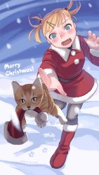 Rule 34 | 1girl, blonde hair, blue eyes, blush, boots, cat, christmas, dated, elleciel.eud, english text, fur boots, hair ornament, hat, unworn hat, unworn headwear, highres, merry christmas, mouth hold, open mouth, original, paw print, red footwear, santa boots, santa costume, santa hat, short hair, snow, snow boots, solo