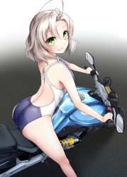 Rule 34 | 10s, 1girl, ahoge, ass, competition swimsuit, gradient background, green eyes, grin, hassen (8cm), kantai collection, kinugasa (kancolle), looking at viewer, motor vehicle, motorcycle, one-piece swimsuit, riding, short hair, silver hair, smile, solo, swimsuit
