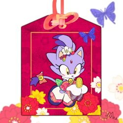 Rule 34 | 1girl, absurdres, animal ears, bell, blaze the cat, blush, bug, butterfly, cat ears, cat girl, coin, eyelashes, flower, forehead jewel, furry, furry female, gold coin, hair flower, hair ornament, highres, insect, japanese clothes, neck bell, omamori, ponytail, purple fur, songsom s2, sonic (series), tabi, tail, tail bell, tail ornament, yellow eyes