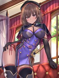 Rule 34 | 1girl, bedroom, belt, beret, blush, boots, breasts, brown hair, capelet, commission, commissioner upload, curtains, dark-skinned female, dark skin, day, dress, elbow gloves, gloves, hair between eyes, hand on own hip, hat, highres, indoors, large breasts, looking at viewer, military, military hat, military uniform, muka tsuku, original, panties, pelvic curtain, red eyes, red panties, shalifa (suzuame yatsumi), sharifah ozdil (tukikagerou), short dress, side-tie panties, sidelocks, skindentation, smile, solo, sword, thigh boots, thighhighs, thighs, underwear, uniform, weapon, window
