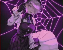 Rule 34 | 1girl, black dress, black gloves, blouse, breasts, collared shirt, commentary request, danganronpa (series), danganronpa v3: killing harmony, dress, frills, gloves, green eyes, hair ornament, hair over one eye, hand in own hair, hand up, highres, long sleeves, looking at viewer, maid headdress, necktie, niwatori panda, open mouth, pinafore dress, purple background, purple eyes, purple necktie, shirt, short hair, silk, sleeveless dress, smile, solo, spider web, teeth, tojo kirumi, two-tone background, upper body, white shirt