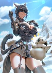 Rule 34 | 1girl, animal ears, arm under breasts, armor, bird, black blindfold, black gloves, black hair, black skirt, black tail, black thighhighs, blindfold, blue sky, breasts, cat ears, cat girl, cat tail, cleavage, cloud, coattails, commission, covered eyes, day, earrings, facing down, facing viewer, feet out of frame, final fantasy, final fantasy xiv, from below, gloves, hand up, highres, jewelry, kionaoki, large breasts, long hair, miqo&#039;te, mountainous horizon, original, outdoors, penguin, ponytail, shoulder armor, sidelocks, signature, silver trim, skirt, sky, solo, tail, thighhighs