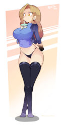 Rule 34 | 1girl, absurdres, arm behind back, bad id, bad pixiv id, between breasts, black panties, black thighhighs, blue jacket, blue shirt, breasts, brown hair, bubble tea, bubble tea challenge, commission, crossed ankles, cup, disposable cup, drink, drinking, drinking straw, earrings, full body, highres, hot vr, jacket, jewelry, large breasts, long hair, long legs, looking at viewer, meme, navel, no pants, object on breast, open clothes, open jacket, orange eyes, original, panties, shirt, skindentation, skull earrings, solo, standing, thighhighs, tiptoes, underwear