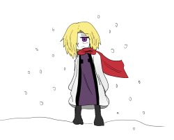 Rule 34 | 1girl, arms at sides, blonde hair, closed mouth, hair over one eye, koishi komeiji&#039;s heart-throbbing adventure, non-web source, one eye covered, purple eyes, red scarf, scarf, snow, solo, standing, touhou, wind, yakumo yukari