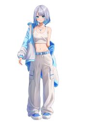 1girl absurdres belt blue_belt blue_eyes blue_shoes collarbone commentary_request full_body grey_hair hal_(haldayo913) highres jacket jewelry kaga_sumire looking_at_viewer midriff navel necklace open_clothes open_jacket pants shoes simple_background sneakers standing stomach striped_clothes striped_jacket tachi-e tank_top virtual_youtuber vspo! white_background white_pants white_tank_top