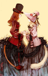 Rule 34 | 2girls, absurdres, animal ears, black bow, black headwear, black skirt, blush, bow, brown hair, cat ears, cat tail, closed mouth, coat, curly hair, ears through headwear, facial mark, facing another, final fantasy, final fantasy xiv, flower, freckles, from side, hat, hat bow, hat flower, height difference, highres, holding hands, hoop skirt, light blush, long hair, long skirt, long sleeves, miqo&#039;te, multiple girls, pink coat, pink headwear, red coat, red flower, rosette (yankaixuan), simple background, skirt, smile, star (sky), tail, top hat, warrior of light (ff14), whisker markings, yellow background