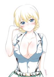 Rule 34 | 1girl, aoshidan school uniform, belt, black belt, blonde hair, blue eyes, blue shirt, blush, braid, breasts, cleavage, closed mouth, commentary, darjeeling (girls und panzer), girls und panzer, green skirt, hand in own hair, large breasts, looking at viewer, one-hour drawing challenge, partially unbuttoned, school uniform, shirt, short hair, short sleeves, sketch, skirt, smile, solo, standing, suspender skirt, suspenders, twin braids, twitter username, upper body, yts takana