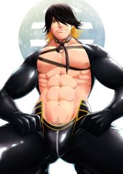 Rule 34 | 10s, 1boy, abs, brown eyes, bulge, chest harness, clenched hands, facial hair, goatee, groin, hair over one eye, hands on own thighs, harness, large pectorals, male focus, male pubic hair, multicolored hair, nagasone kotetsu, nipples, pectorals, pubic hair, skin tight, solo, spread legs, squatting, topless male, touken ranbu, two-tone hair, zipper