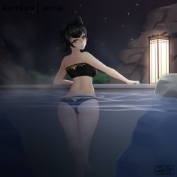 Rule 34 | 1girl, animal ears, armpits, artist name, ass, back, bare shoulders, barefoot, bikini, black bikini, black hair, blush, breasts, cat ears, cat girl, closed mouth, collarbone, eyelashes, faunus (rwby), feet, feet up, female focus, from behind, full body, happy, jay156, kali belladonna, lamp, leaf print, legs, legs together, looking at viewer, mature female, medium breasts, midriff, nature, neck, night, night sky, onsen, outdoors, outstretched arms, partially submerged, print bikini, roosterteeth, rwby, seductive smile, short hair, shoulder blades, sideboob, sky, smile, soles, spread arms, standing, standing on one leg, star (sky), starry sky, strapless, strapless bikini, swimsuit, thighs, toenails, toes, turning head, two-tone bikini, water, wet, yellow eyes