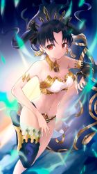 Rule 34 | 1girl, absurdres, armlet, bare shoulders, black hair, black ribbon, breasts, chankuro, cleavage, earrings, fate/grand order, fate (series), highres, ishtar (fate), jewelry, looking at viewer, medium breasts, navel, red eyes, revealing clothes, ribbon, single thighhigh, solo, thighhighs, thighs