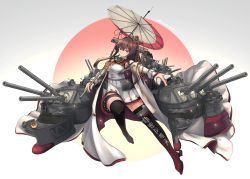 Rule 34 | 12.7cm/40 type 89 naval gun, 15m duplex rangefinder, 1girl, 46cm/45 type 94 naval gun, absurdres, anti-aircraft, anti-aircraft gun, asymmetrical footwear, black footwear, boots, breasts, brown eyes, brown hair, cannon, cherry blossoms, clothes writing, clothing cutout, coat, coat on shoulders, collar, flower, gradient footwear, hair flower, hair intakes, hair ornament, headgear, highres, holding, holding shell, kantai collection, knee boots, large breasts, long coat, long hair, long sleeves, metal collar, multicolored umbrella, oil-paper umbrella, pleated skirt, ponytail, range finder, red footwear, red umbrella, rekka yamato, rigging, sakuramon, searchlight, shell, shoulder cutout, sidelocks, single knee boot, single thigh boot, skirt, sleeveless, sleeveless coat, smokestack, solo, thigh boots, thigh strap, turret, umbrella, white coat, white skirt, white umbrella, yamato (kancolle), yamato kai ni (kancolle)