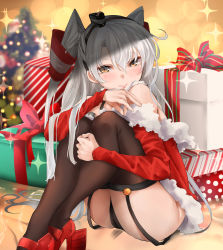 Rule 34 | 1girl, amatsukaze (kancolle), black panties, black thighhighs, blurry, blurry background, box, brown eyes, cameltoe, christmas tree, dress, elbow gloves, fur-trimmed dress, fur-trimmed gloves, fur trim, garter straps, gift, gift box, gloves, hair between eyes, hair tubes, headgear, highres, holding, hugging own legs, kantai collection, legs folded, long hair, looking at viewer, naughty face, panties, red dress, red footwear, red gloves, rudder footwear, santa costume, silver hair, sitting, smile, thighhighs, tororo ten, two side up, underwear, very long hair