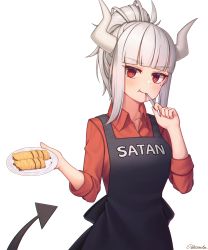 Rule 34 | 1girl, absurdres, apron, artist name, bad id, bad pixiv id, bintz, black apron, blunt bangs, blush, breasts, collarbone, collared shirt, demon horns, demon tail, eating, food, fork, grin, helltaker, highres, holding, holding fork, holding plate, horns, looking at viewer, lucifer (helltaker), medium breasts, mole, mole under eye, pancake, parted lips, plate, red eyes, red shirt, shirt, short hair, short ponytail, sidelocks, signature, smile, solo, tail, utensil in mouth, white hair