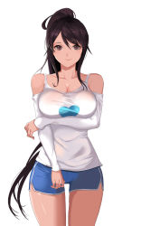 Rule 34 | 1girl, absurdres, bad id, bad pixiv id, bare shoulders, black eyes, black hair, breasts, cleavage, closed mouth, collarbone, cowboy shot, dolphin shorts, dungeon and fighter, fighter (dungeon and fighter), gym shorts, hair between eyes, heart, heart print, highres, large breasts, long hair, long sleeves, looking at viewer, off shoulder, ponytail, see-through, shah, shirt, short shorts, shorts, sidelocks, simple background, smile, solo, standing, white background, white shirt