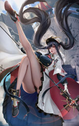 Rule 34 | 1girl, absurdres, ass, azhang, azur lane, black hair, black panties, breasts, cape, cloak, commentary, cross, dress, fur trim, gloves, hat, high heels, highres, holding, iron cross, leg up, lips, long hair, long sleeves, looking at viewer, medal, medium breasts, open mouth, panties, peaked cap, peter strasser (azur lane), red eyes, sidelocks, simple background, skirt, solo, staff, thighs, twintails, underwear, white gloves
