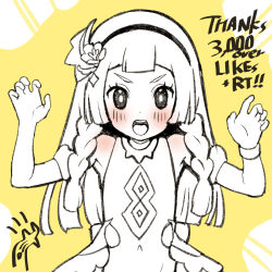 Rule 34 | 1girl, blunt bangs, blush, bright pupils, claw pose, creatures (company), dress, elbow gloves, eyelashes, flower, game freak, gloves, hair flower, hair ornament, hairband, hands up, highres, kinocopro, lillie (pokemon), long hair, looking at viewer, milestone celebration, nintendo, official alternate costume, open mouth, pokemon, pokemon masters ex, sleeveless, sleeveless dress, solo, teeth, thank you, tongue, upper body, upper teeth only, yellow background