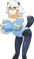 Rule 34 | 10s, 1girl, artist request, bare shoulders, blush, breasts, brown eyes, cleavage, creatures (company), elbow gloves, english text, freckles, game freak, gen 5 pokemon, gloves, huge breasts, large breasts, latex, nintendo, oshawott, pantyhose, personification, pokemon, pokemon bw, solo, tail, white hair