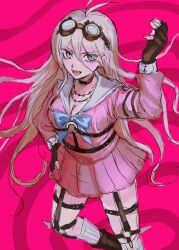Rule 34 | 1girl, :d, antenna hair, arm up, barbed wire, black choker, black gloves, blonde hair, blue bow, blue bowtie, bow, bowtie, choker, commentary, danganronpa (series), danganronpa v3: killing harmony, feet out of frame, fingerless gloves, gloves, goggles, goggles on head, hand on own hip, highres, iruma miu, jidaraku (jdrk 666), long hair, miniskirt, o-ring, open mouth, pink background, pink shirt, pink skirt, pleated skirt, sailor collar, shirt, skirt, smile, solo, standing, teeth, tongue, two-tone background, upper teeth only, white sailor collar