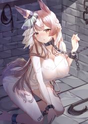 Rule 34 | 1girl, absurdres, alternate costume, animal ears, braid, breasts, brown hair, chain, cleavage, commentary, cuffs, dress, elanore, english commentary, half updo, hand up, highres, horse ears, horse girl, horse tail, kneeling, large breasts, long hair, long sleeves, looking at viewer, night, raised eyebrows, satono diamond (umamusume), shackles, smile, solo, tail, torn clothes, torn dress, umamusume, wet, wet clothes, wet hair, whip, white dress, yellow eyes