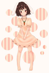 Rule 34 | 1girl, animal ears, barefoot, brown hair, rabbit ears, carrot, daimosu, dress, female focus, full body, inaba tewi, jewelry, pendant, red eyes, solo, standing, touhou, v arms