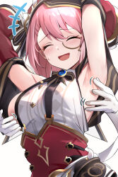 Rule 34 | 1girl, armpits, arms up, breasts, charlotte (genshin impact), closed eyes, disembodied hand, genshin impact, gloves, hand on another&#039;s chest, hat, highres, long sleeves, medium breasts, monocle, pink hair, smile, tickling, tickling armpits, tickling breasts, tomas (kaosu22), white background