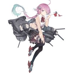 Rule 34 | 1girl, ahoge, anchor hair ornament, aqua hair, artist request, black surge night, black thighhighs, breasts, flag, gradient hair, hair ornament, holding, holding flag, jacket, long hair, looking at viewer, multicolored hair, myoukou (black surge night), official art, pink eyes, pink hair, plaid, plaid skirt, pleated skirt, red neckwear, rigging, rudder footwear, shirt, skirt, solo, thighhighs, transparent background, white shirt