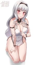 Rule 34 | 1girl, absurdres, blush, breasts, cleavage, hairband, highres, idolmaster, idolmaster (classic), long hair, looking at viewer, pharamacom, red eyes, shijou takane, silver hair, solo, white background