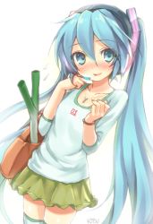 Rule 34 | 1girl, aqua eyes, aqua hair, artist name, bag, blush, bracelet, flying sweatdrops, hatsune miku, headset, jewelry, kotsu, long hair, looking at viewer, necklace, simple background, skirt, solo, spring onion, thighhighs, twintails, very long hair, vocaloid, white background