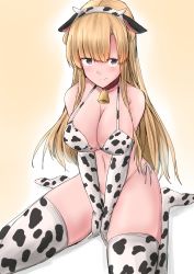 Rule 34 | 1girl, alternate costume, animal ears, animal print, bikini, blonde hair, blue eyes, breasts, cleavage, commentary request, cow ears, cow horns, cow print, double bun, fake animal ears, fake horns, fletcher (kancolle), hair bun, highres, horns, kamaboko senshi, kantai collection, large breasts, long hair, looking at viewer, side-tie bikini bottom, sitting, solo, swimsuit, thighhighs, v arms, wariza, white bikini, white thighhighs
