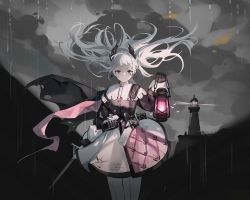 Rule 34 | 1girl, absurdres, arknights, belt, black gloves, capelet, closed mouth, earrings, fire, floating hair, front-seamed legwear, gloves, grey eyes, gun, high-waist skirt, highres, holding, holding lantern, holding sword, holding weapon, irene (arknights), jewelry, lantern, lighthouse, long hair, long sleeves, looking at viewer, outdoors, pantyhose, pink fire, pink skirt, puffy long sleeves, puffy sleeves, rapier, sanhuan, scar, scar across eye, scar on face, seamed legwear, skirt, solo, sword, very long hair, weapon, white capelet, white hair, white pantyhose, white skirt, wind