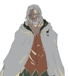 Rule 34 | 1boy, beard, buttons, cape, cowboy shot, facial hair, glasses, hand in pocket, highres, hood, hooded cape, male focus, medium hair, mustache, one eye closed, one piece, orange shirt, scar, scar across eye, shirt, silvers rayleigh, simple background, smile, solo, ufkqz, white background, white hair