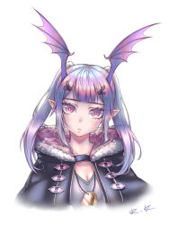 Rule 34 | 1girl, arknights, black jacket, breasts, cleavage, commentary, fur-trimmed jacket, fur trim, grey shirt, hair ornament, hairclip, head wings, highres, jacket, long hair, looking at viewer, manticore (arknights), open clothes, open jacket, parted lips, pointy ears, purple eyes, purple hair, rayas, shirt, sidelocks, simple background, solo, twintails, upper body, white background, wings